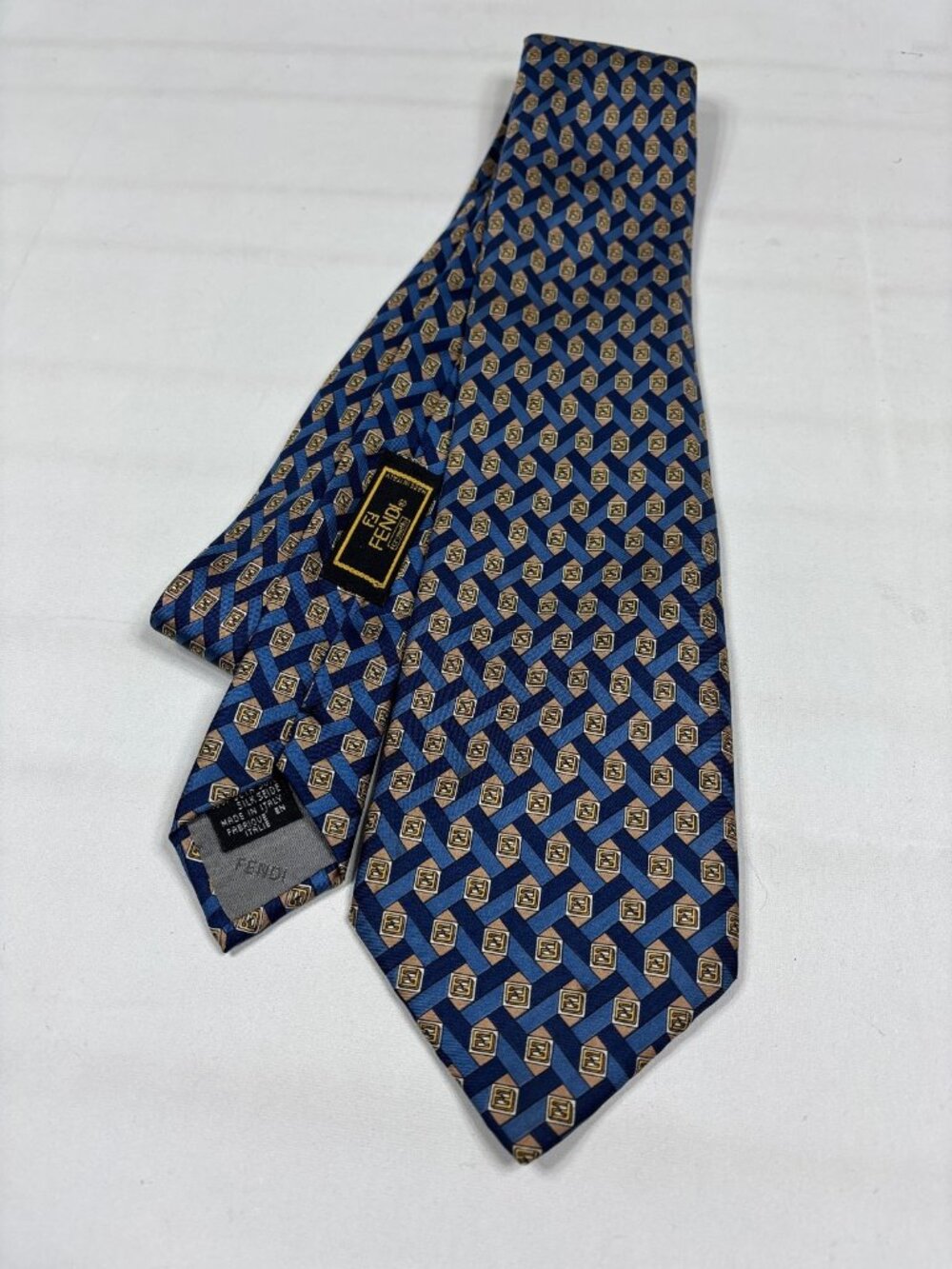 VTG Fendi Silk Tie Blue Gold Zucca Monogram Geometric Made in Italy 90s Designer